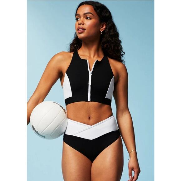 Fabletics Black White Zip Racerback Swim Top XS - Picture 1 of 9